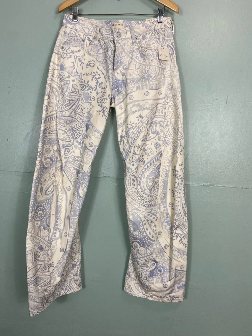 Free People Fable Barrel Low Rise Twisted Bowed Seam Jeans Bandana Paisley 29